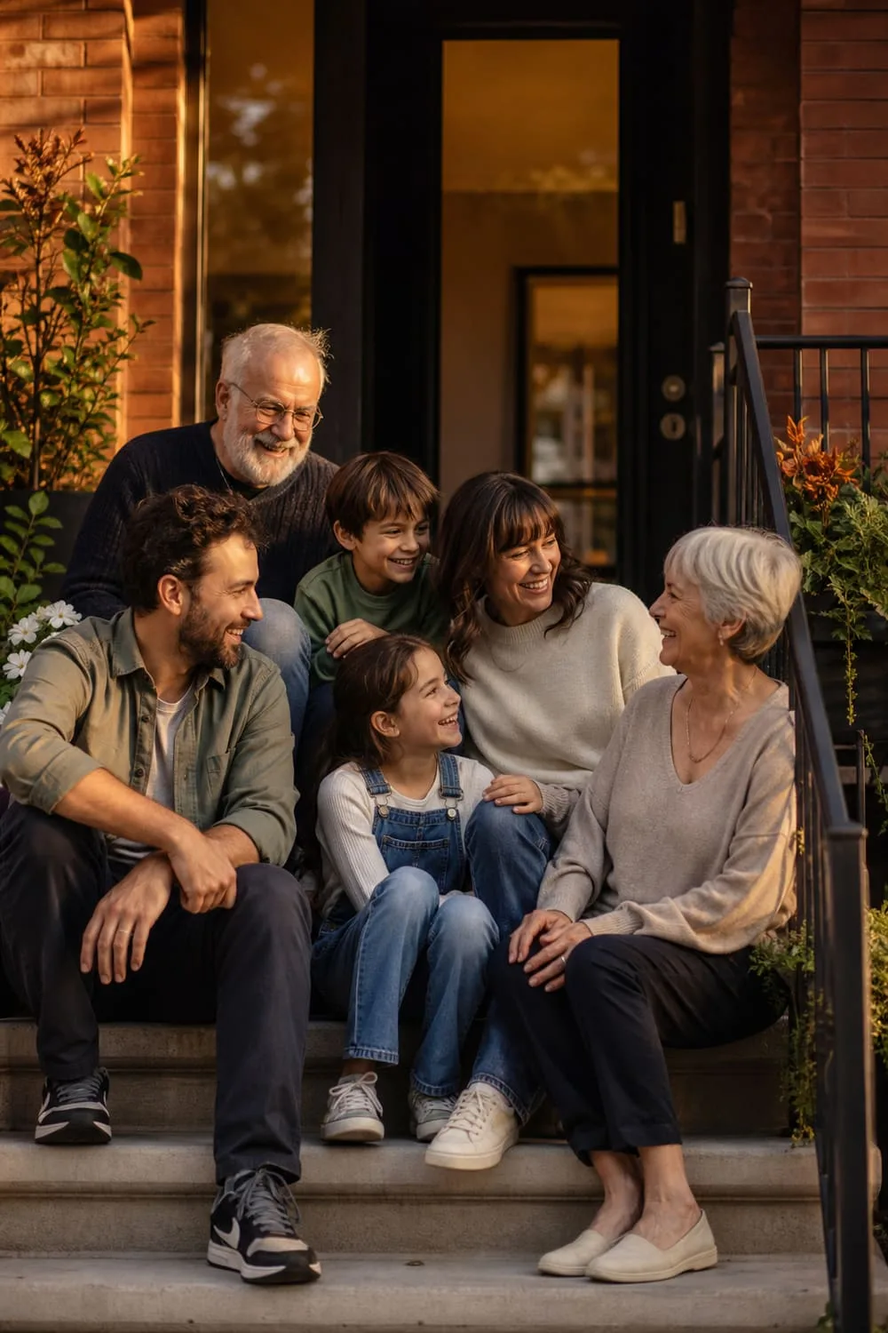 Famille détendue sur le perron de sa maison